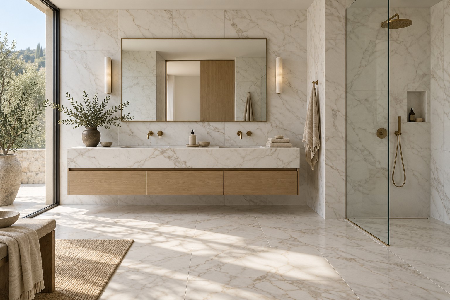 Design concept with marble bathroom wall tiles, a stone vanity, oak drawers and brushed brass fittings