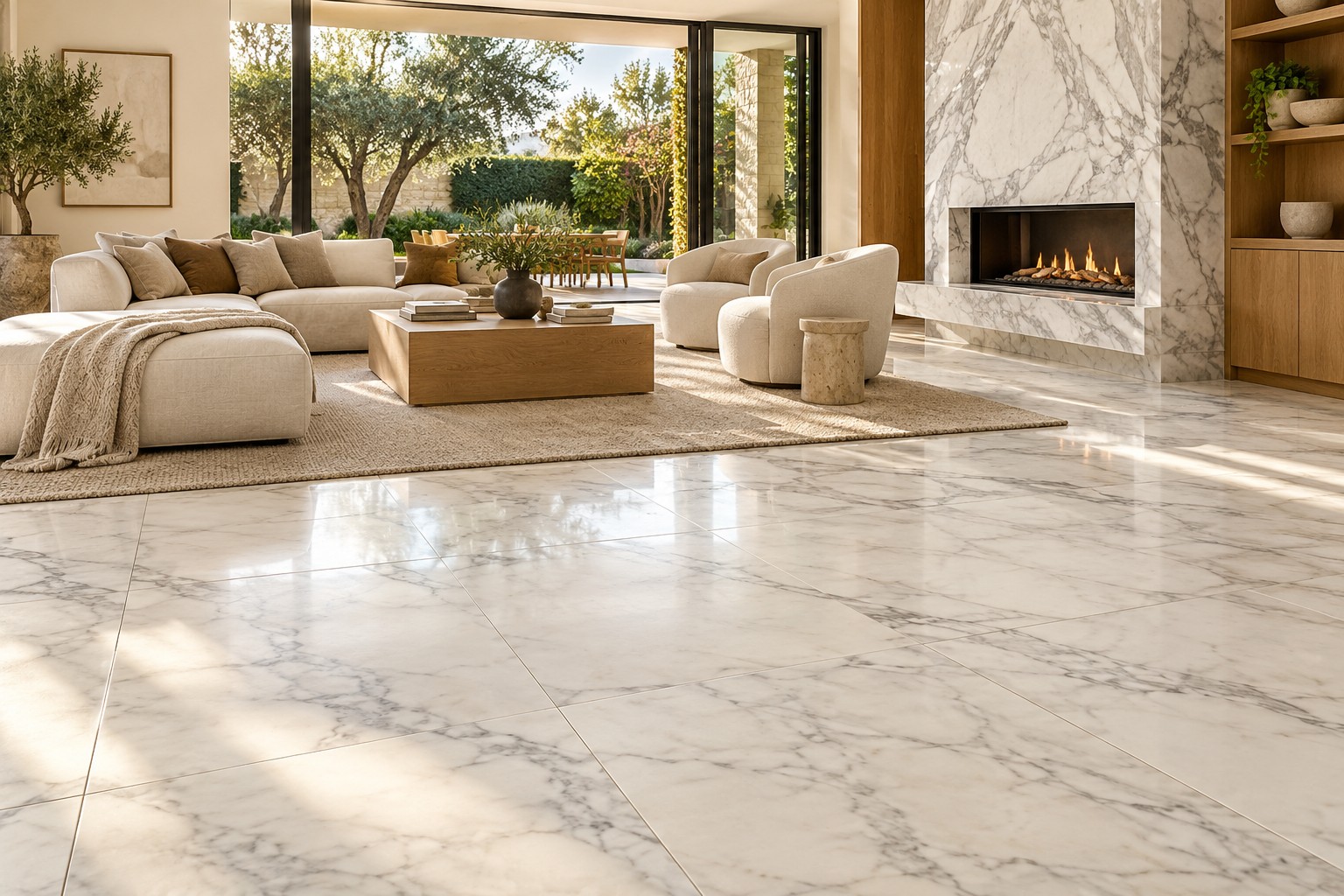 Design concept with white marble floor tiles, a marble fireplace, oak joinery and linen seating