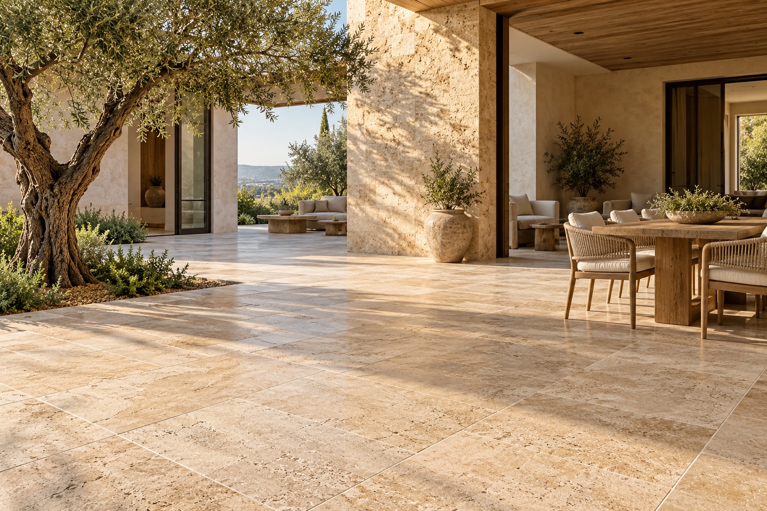 Design concept of a covered courtyard with cream travertine paving, textured stone walls and timber furniture